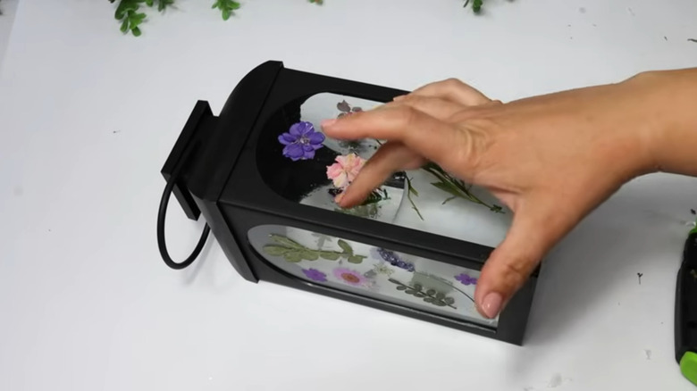 Person placing pressed flowers onto a lantern