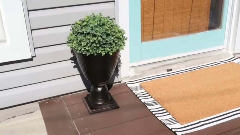 Urn-style planter on a deck next to door