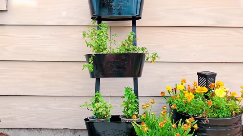 Three-tiered gardening rack made from Dollar Tree bins