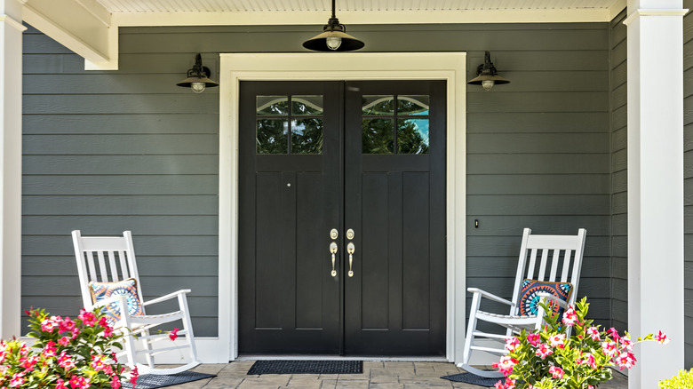 Wooden rocking chairs on patio