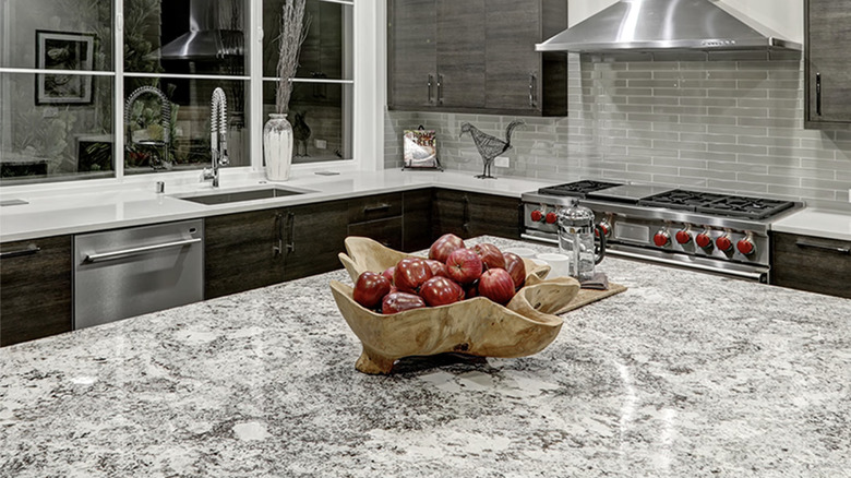 Modern kitchen with Blue Flower granite countertops
