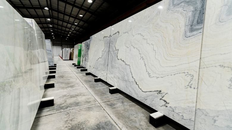 White granite slabs in a warehouse