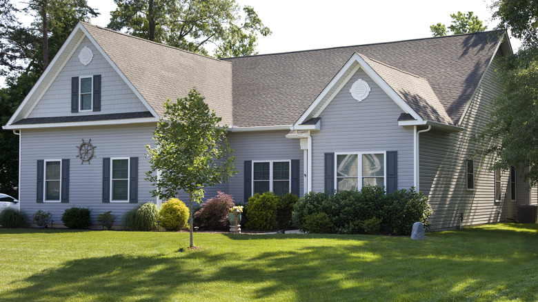 A house with shrubs and hedges in front