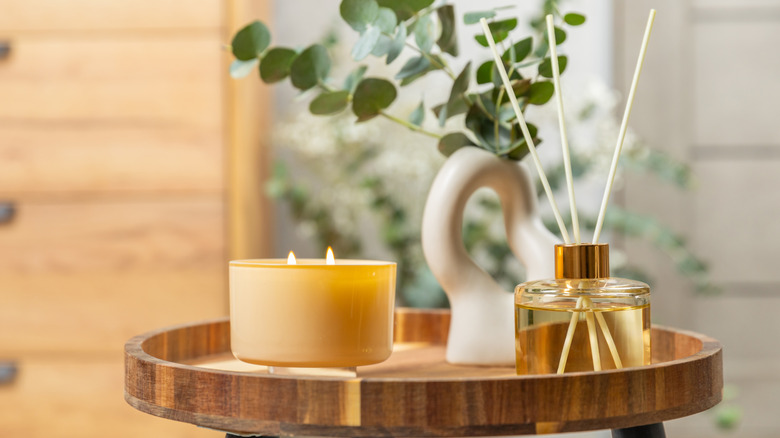 Reed diffuser on a tray with a lit candle and plant