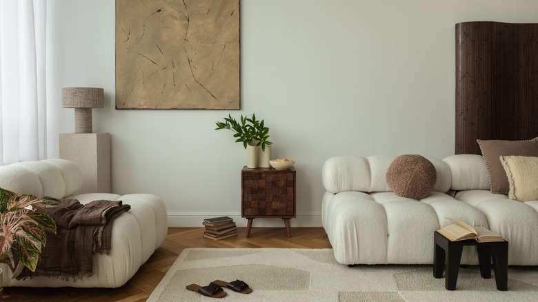 Wood side table in minimalist living room