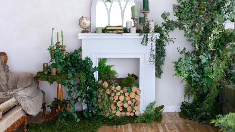 fireplace filled with decorative logs