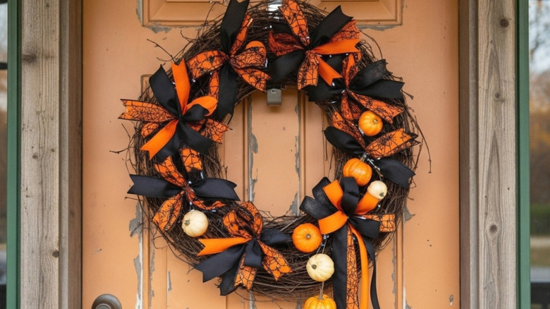 A wreath with black and orange ribbon and tiny pumpkins/