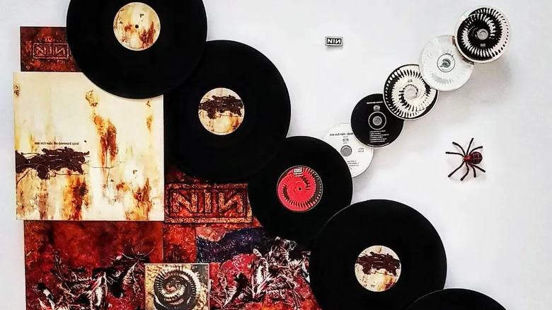 An artful arrangement of vinyl record albums.