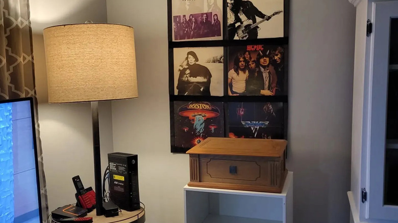 A record wall above a listening station.