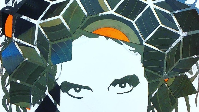 Record album fragments made into a wall mosaic.