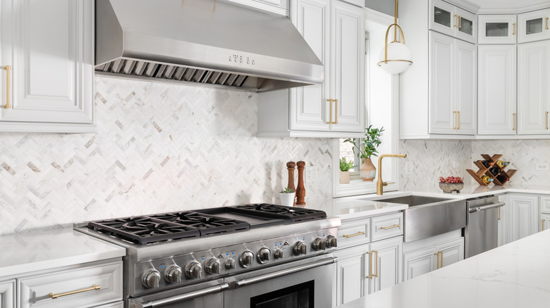 A white kitchen with stainless steal appliances and quartzite backsplash.