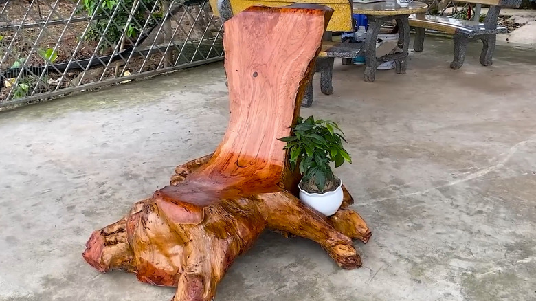 Chair made from a tree stump on a patio with a potted plant