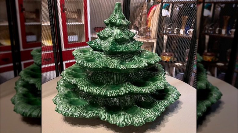 Stacking ceramic Christmas tree deviled eggs tray.