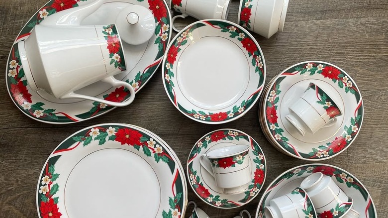 Vintage Tienshan Fine China Christmas dishes. Pattern is called "Deck the Halls"