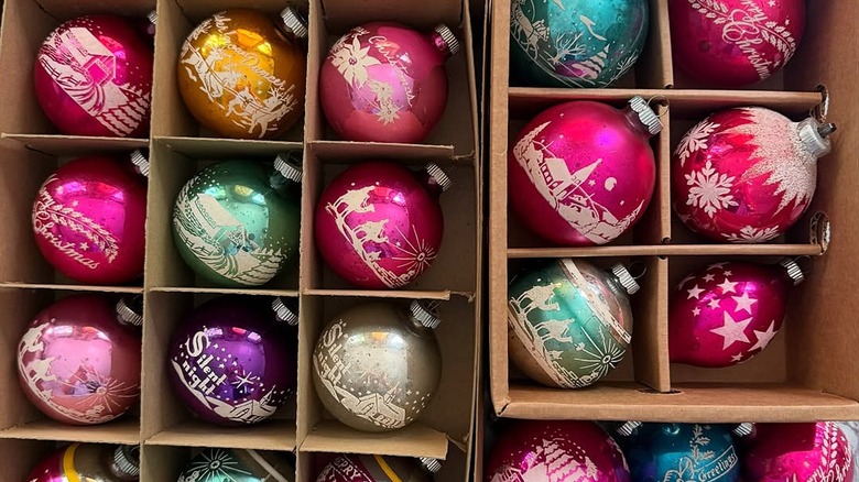 A collection of stenciled colorful vintage Shiny Brite Christmas tree ornaments