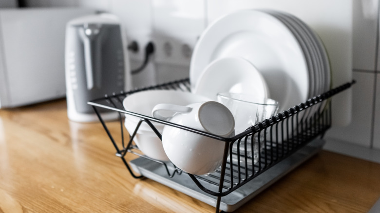 A metal drip tray under a dish drying rack.