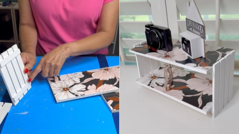 Creator assembling the shelf and the finished product with wood pallets as the end pieces