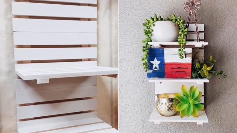 Close-up of the empty shelf on the left and decor displayed on the shelf on the right