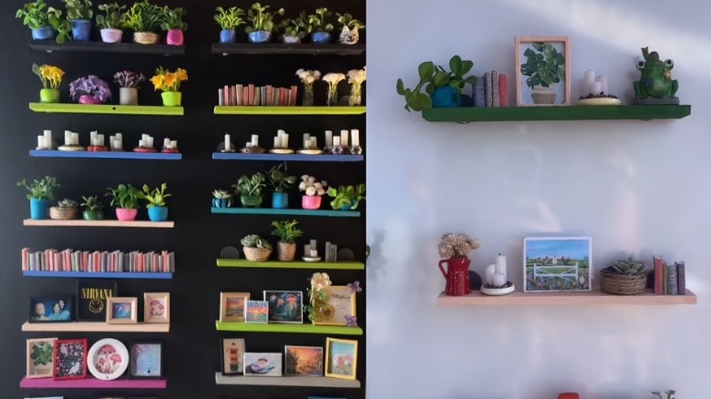 Rows of empty mini shelves on a black refrigerator and a person placing miniature items on a green shelf