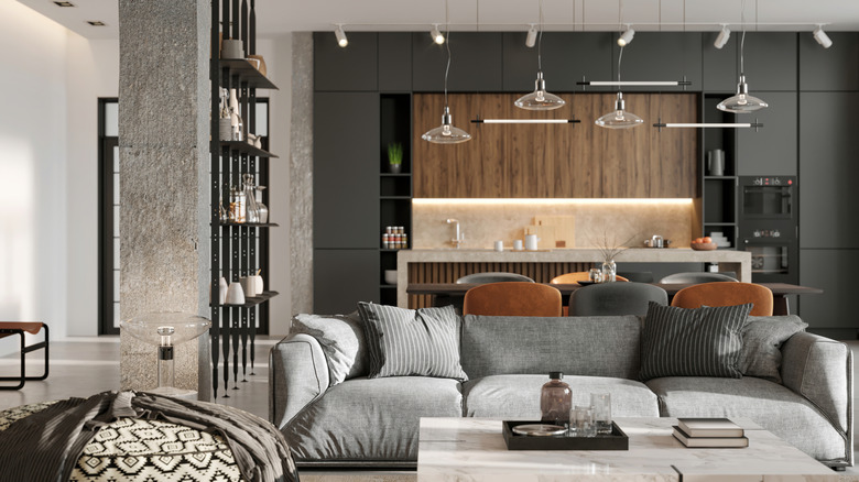 Many gray shades used in the interior design of an open-plan kitchen.