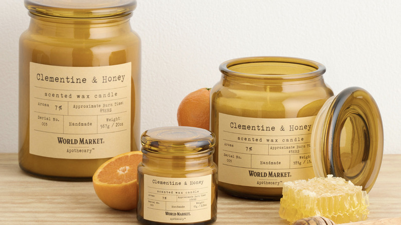 Clementine and honey scented candles from World Market in various sizes, in amber jars