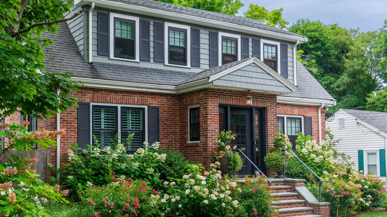 A traditional house with hydrangea bushes lining the staircase and windows.
