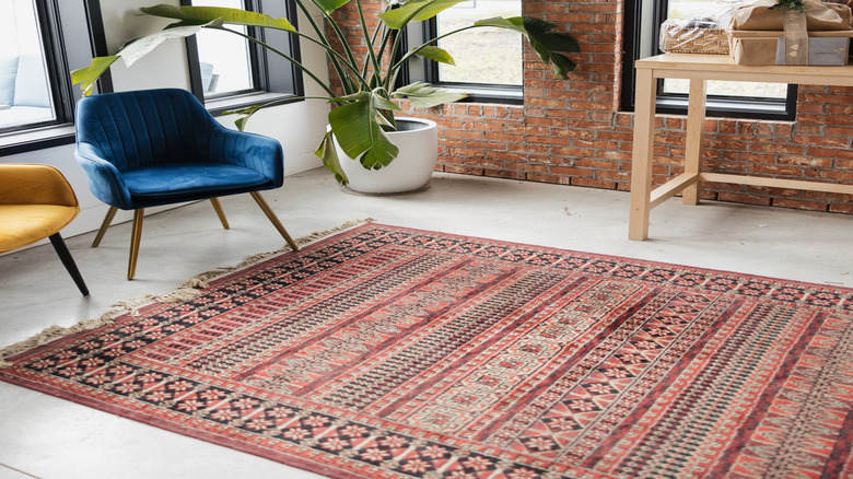 A bird of paradise plant in the corner of a boho brick wall