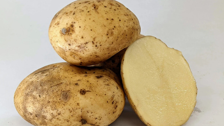 'Katahdin' potatoes on a white background with the one on the right cut in half