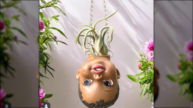 A hanging planter made from an old doll's head.
