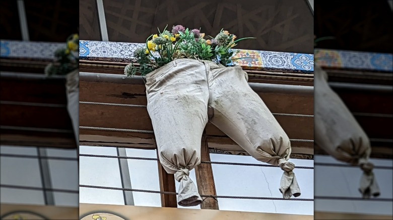 Hanging planters made from old pants with flowering plants growing out of them.