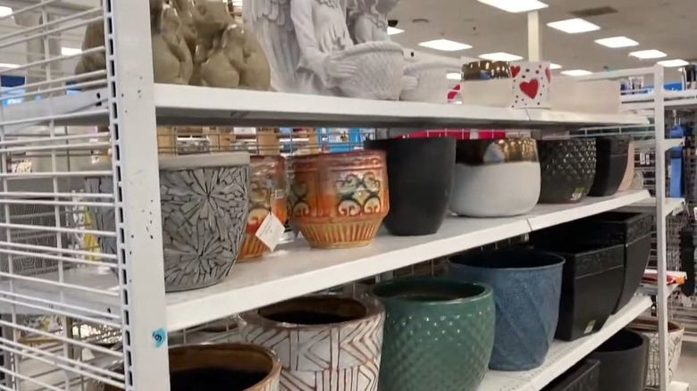 Collection of ceramic planters of various colors on shelves inside a Ross Dress for Less