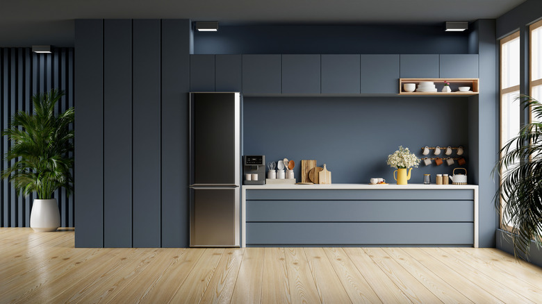 Dark gray matte-finish cabinetry and matching backsplash with kitchen utensils on the counter and stainless steel refrigerator; wood plank flooring visible at the bottom and house plants on either side of the kitchen area.