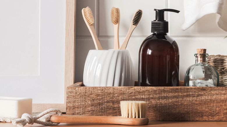 toothbrushes in holder with soap