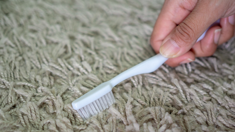 hand cleaning carpet with toothbrush