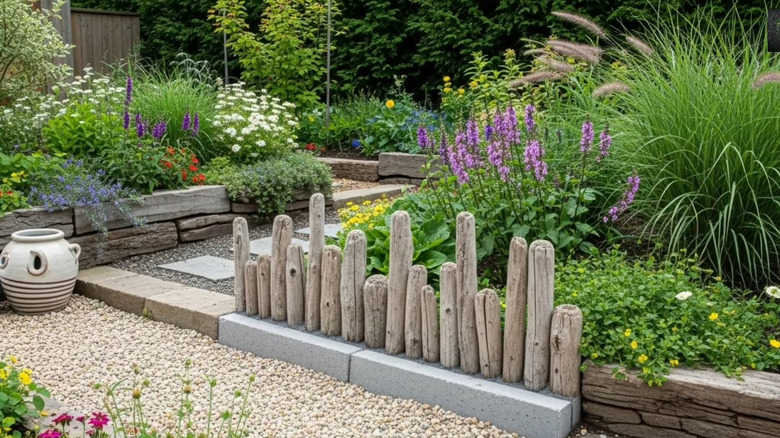 a concrete and driftwood privacy screen can be used to hide an electrical eyesore