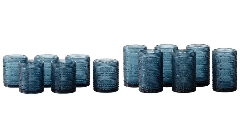 Set of 12 blue textured glasses