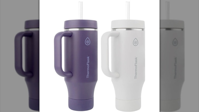 Two ThermoFlask tumblers in purple and white