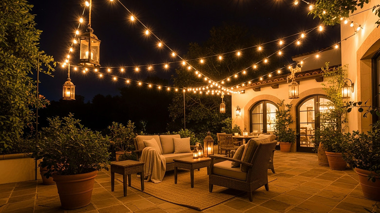Hanging lanterns, string lights, and wall lamps on a patio