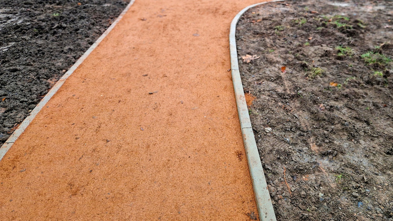 A self-binding gravel walkway with loose soil on either side