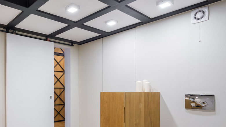 Black and white coffered ceiling in bathroom.