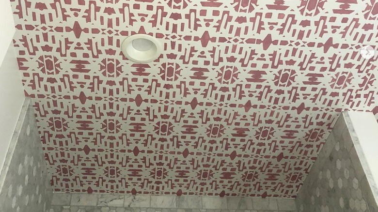 A bathroom ceiling with pink stenciled design.