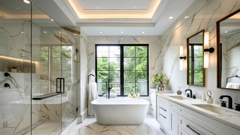 A bathroom with recessed LED lights on the ceiling.
