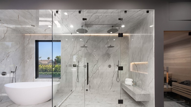 Bathroom shower with marble ceilings and walls.