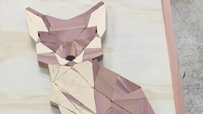 A geometric fox made from scrap wood.