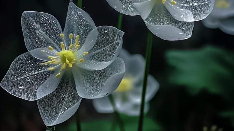 see through white flower with water droplets