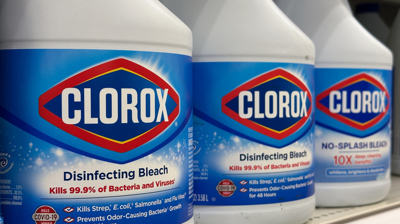 Close up of Clorox bleach bottles on store shelf