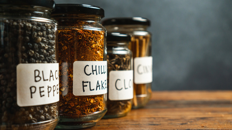 Close up of spice bottles in kitchen