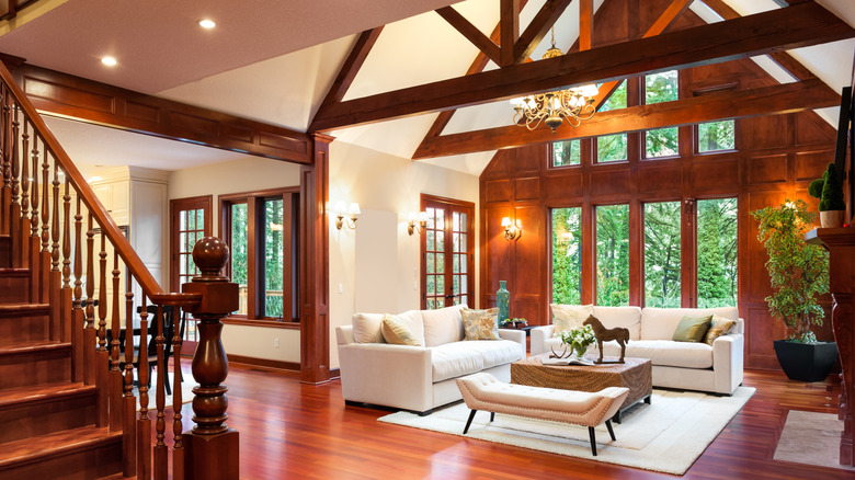 Traditional style living room with exposed overhead beams