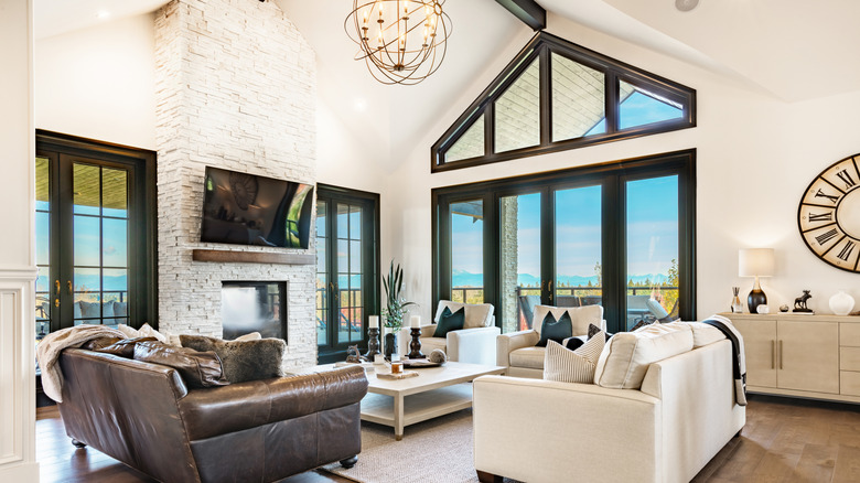 Vaulted ceiling living room with black window tones
