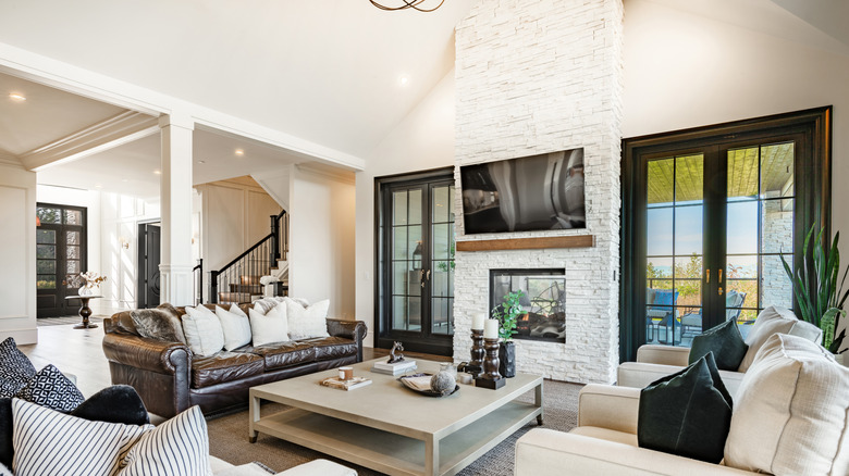 Vaulted ceiling with stone fireplace